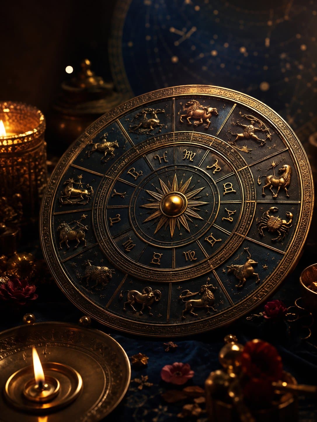 An ornate brass zodiac wheel with the twelve signs around a radiant sun