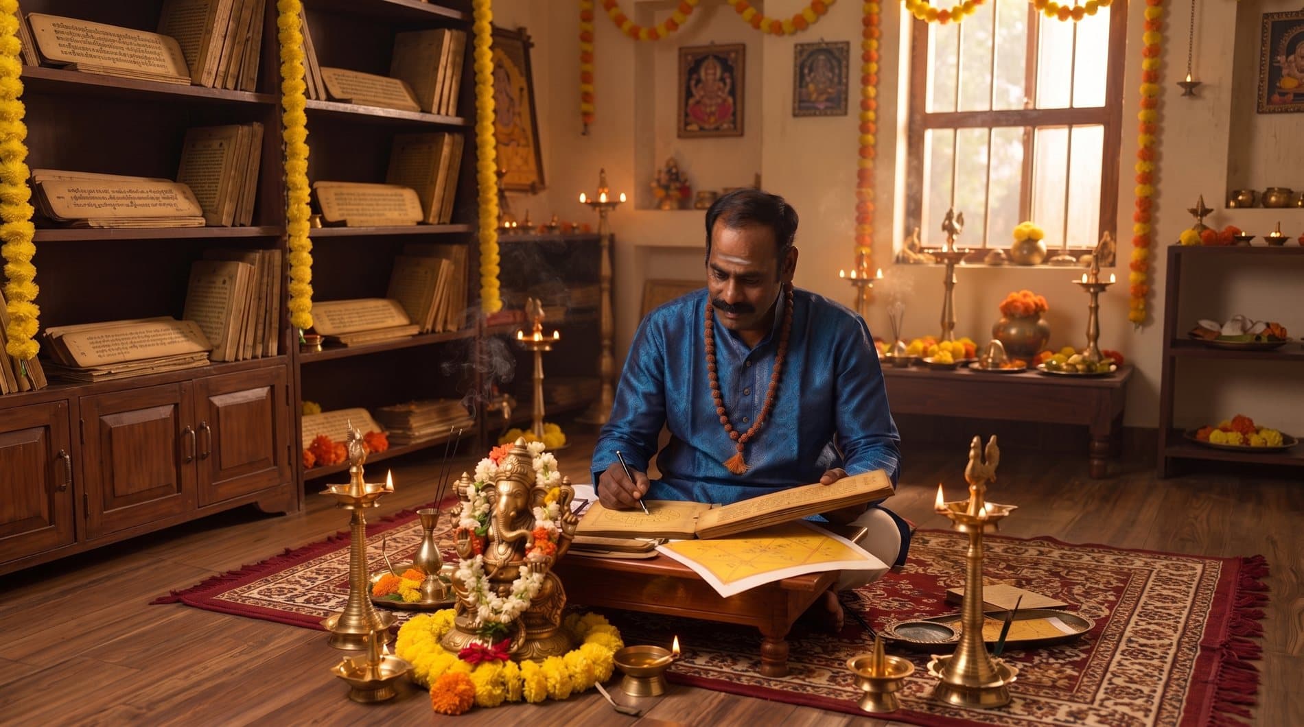 Dr. N. Thangabharathi writing a horoscope by lamplight