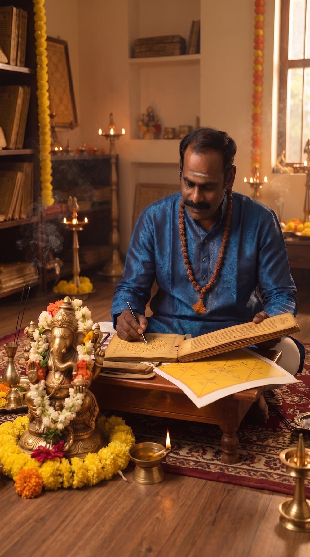 Dr. N. Thangabharathi writing a horoscope by lamplight