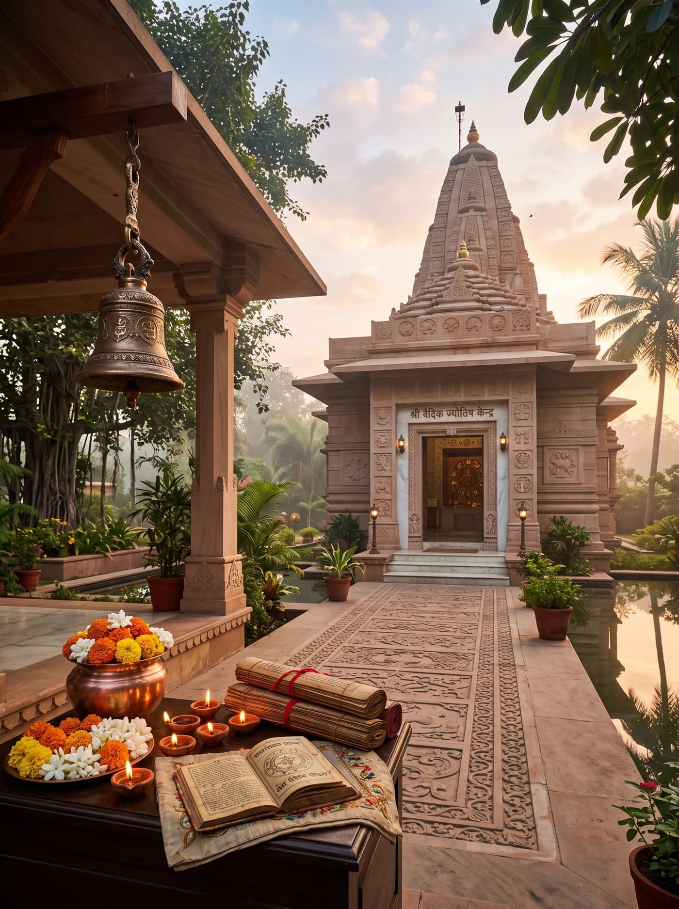 Arutperunjothi Jothida Nilayam temple at dawn with lamps and manuscripts