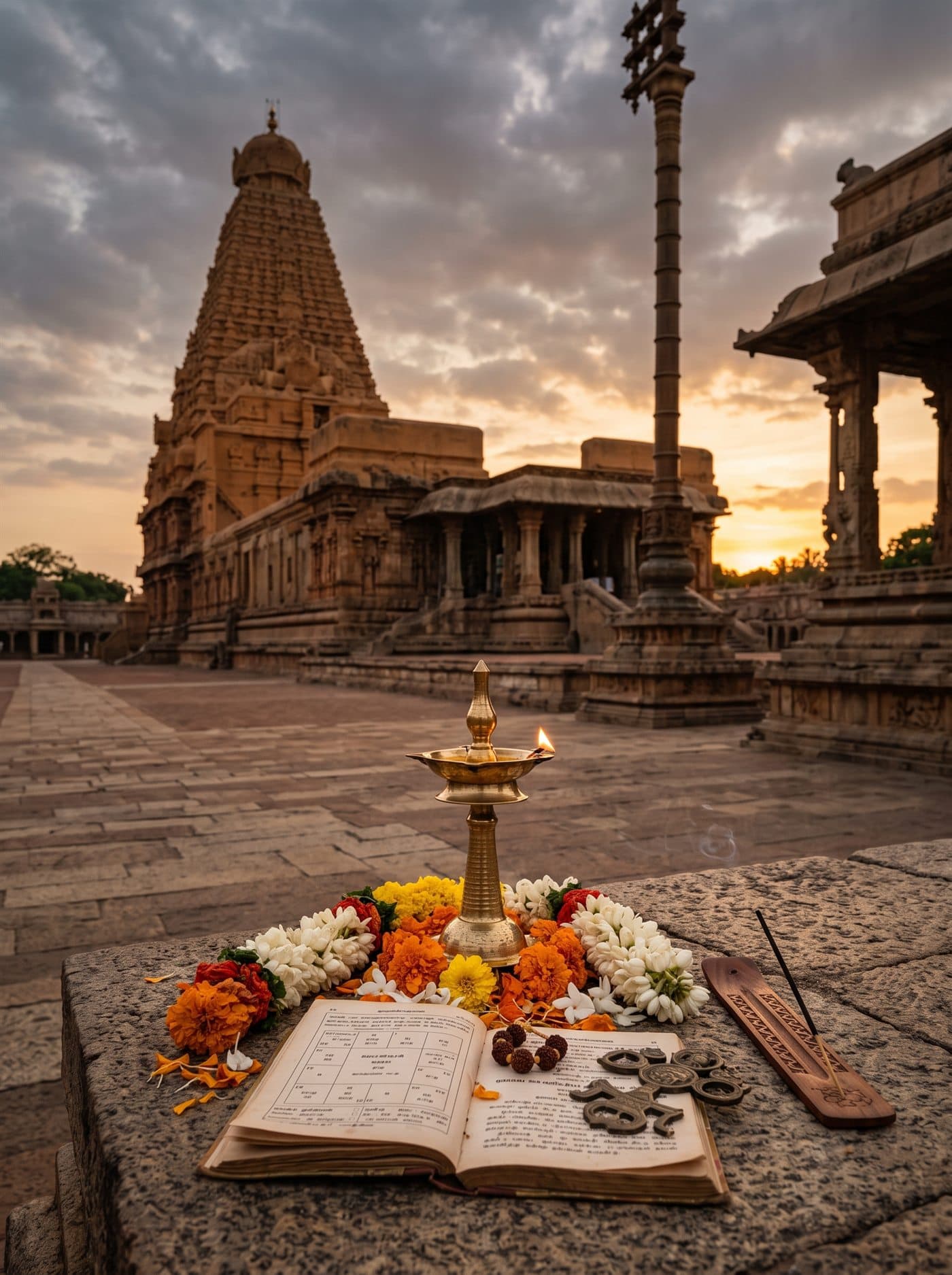 Temple at sunset with a lit oil lamp and horoscope